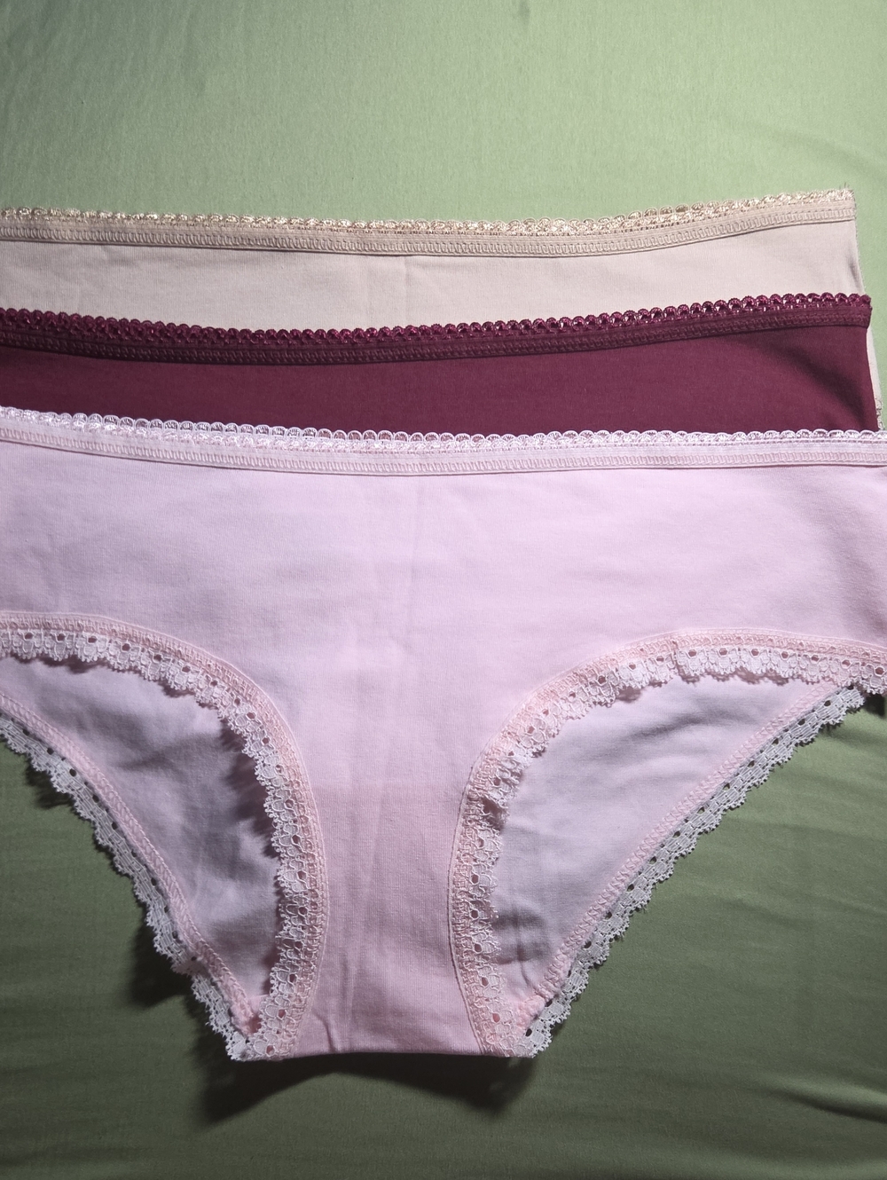 NWOT- Pact Lace-Trim Bikini Panties in Light Pink, Burgandy & Beige - 3-Pack